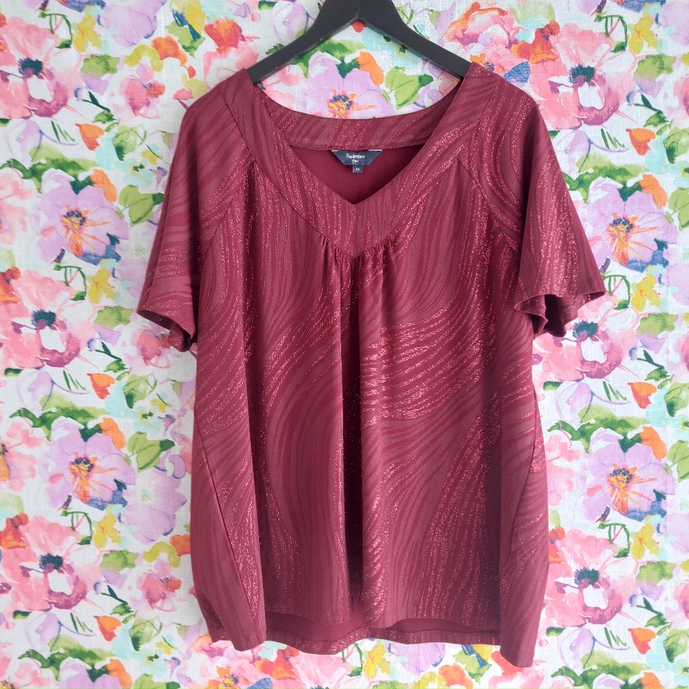 Reitmans Cranberry Red V Neck Blouse Shimmer Sparkle Pullover Top Size 2X